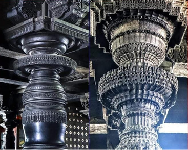 Carved temple pillars at Belur, Karnataka