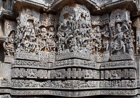 Intricate carvings seen at Hoysaleshvara Temple, Halebidu, Karnataka. c. 1120 C.E